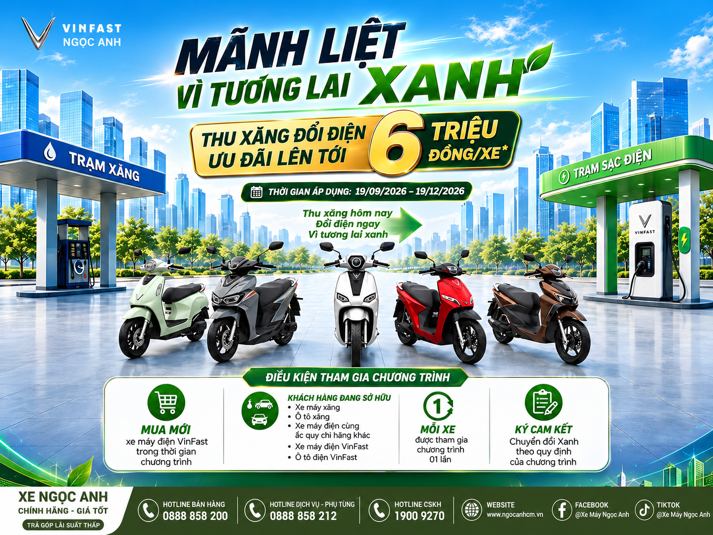🌱 MẠNH LIỆT VÌ TƯƠNG LAI XANH - THU XĂNG ĐỔI ĐIỆN | Ưu đãi đến 6 triệu đồng/xe